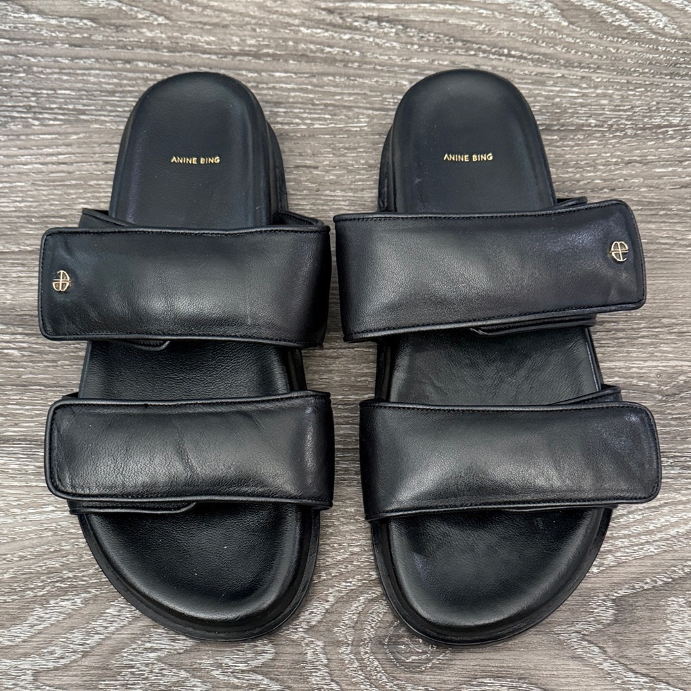 Anine Bing Black Leather Double-Strap Slide Sandals